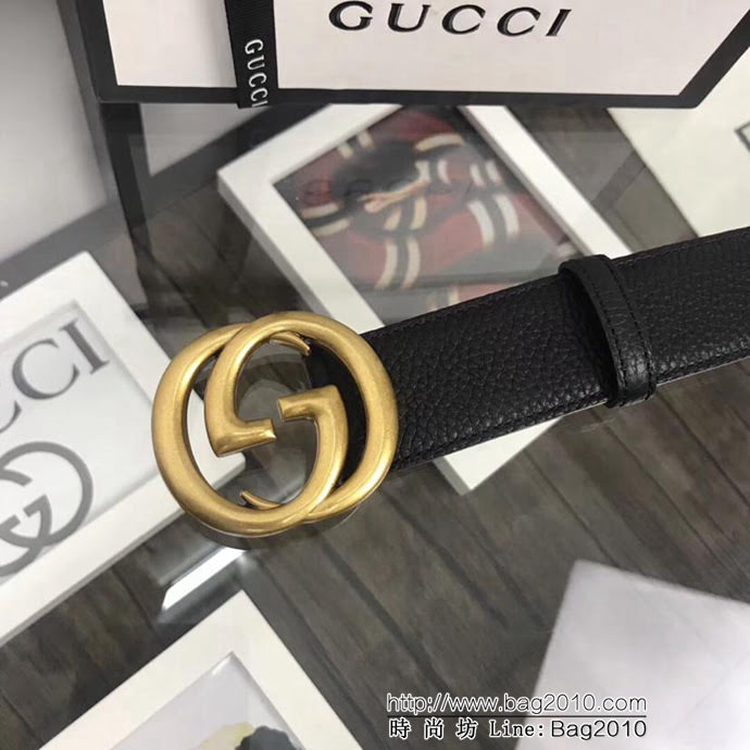 GUCCI古馳 雙G古銅扣頭金屬Gancio 雙面頭層荔枝紋小牛皮 獨特風格 男士皮帶  xfp1435